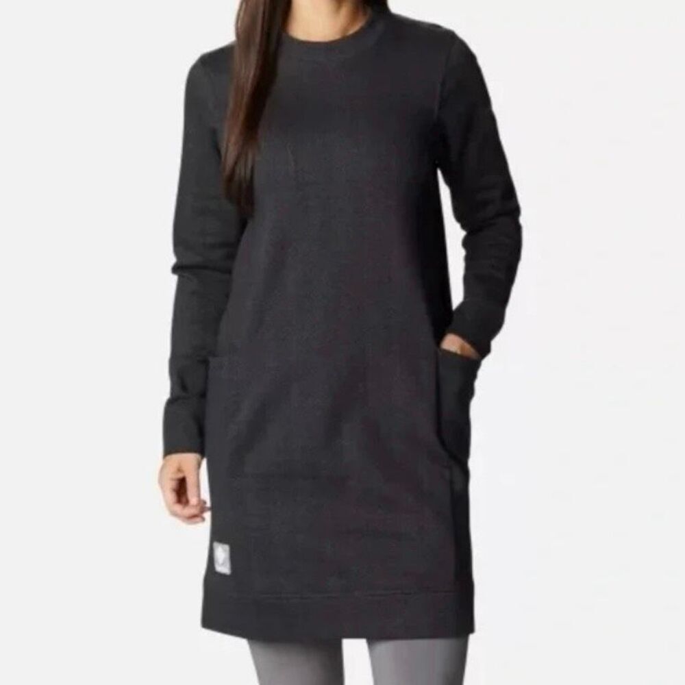 COLUMBIA | Charcoal Black Gray Herringbone Dress High Neck Pockets | Medium